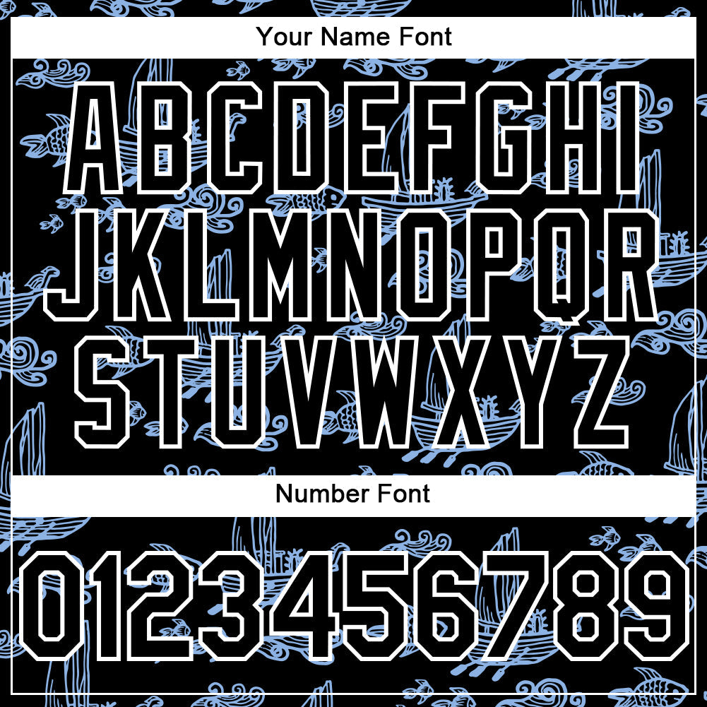 Custom Black White-Light Blue 3D Pattern Design Boats And Fish Authentic Baseball Jersey view 5