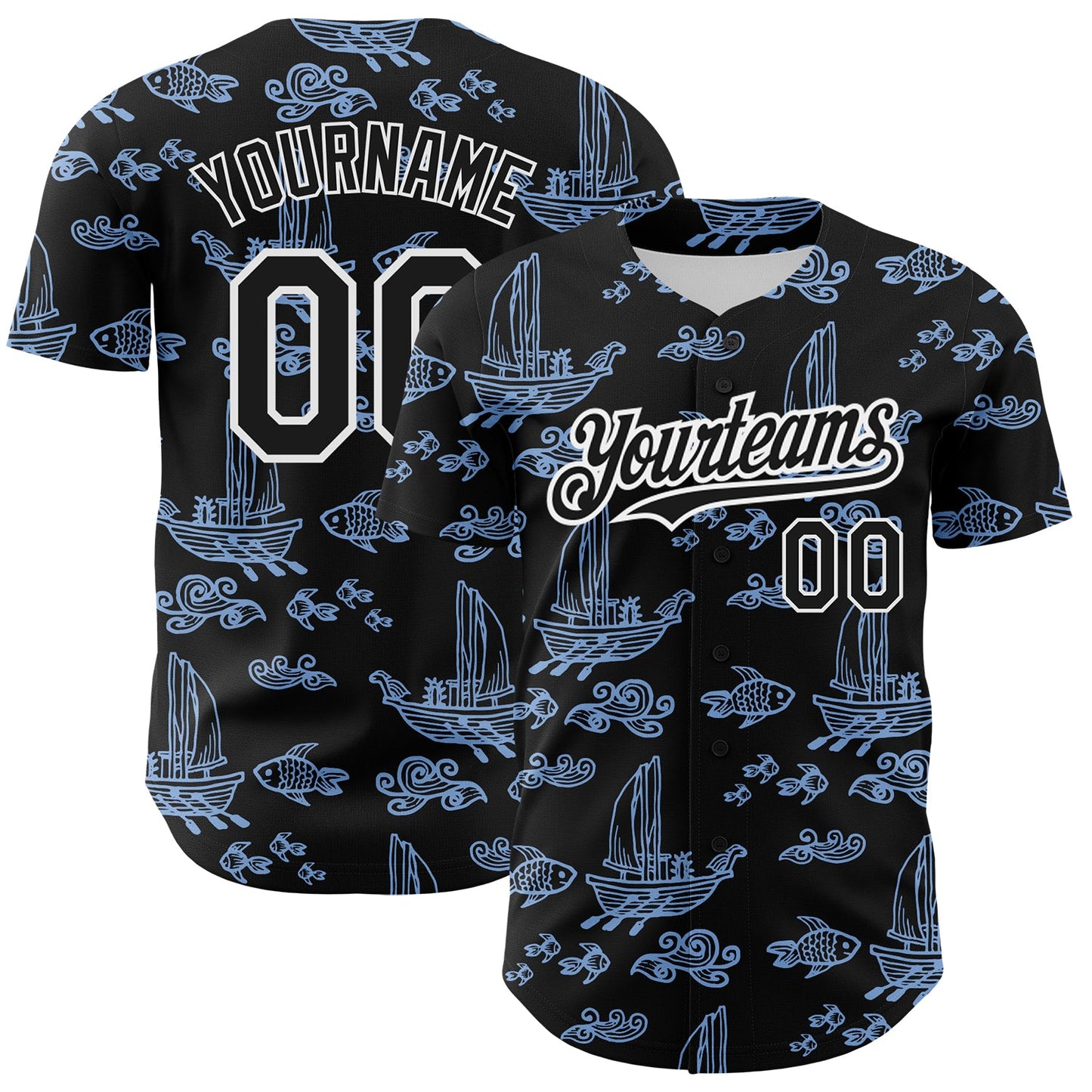 Custom Black White-Light Blue 3D Pattern Design Boats And Fish Authentic Baseball Jersey - Main View
