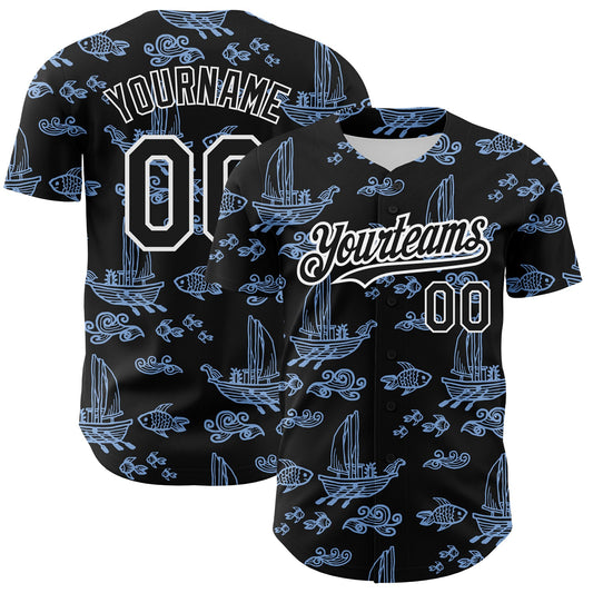 Custom Black White-Light Blue 3D Pattern Design Boats And Fish Authentic Baseball Jersey - Main View