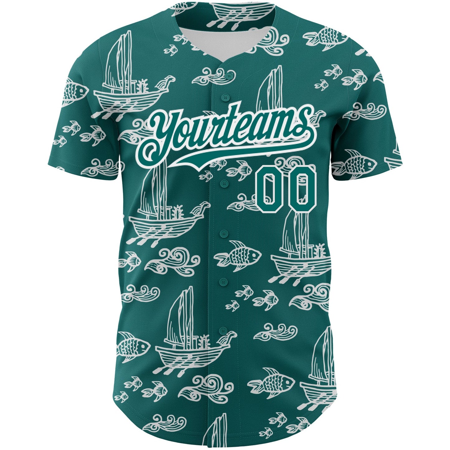 Custom Teal White 3D Pattern Design Boats And Fish Authentic Baseball Jersey view 2