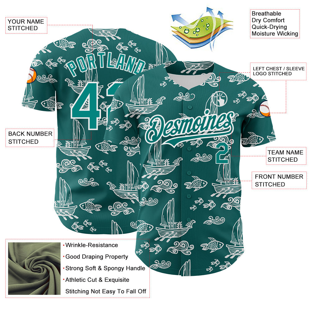 Custom Teal White 3D Pattern Design Boats And Fish Authentic Baseball Jersey view 3