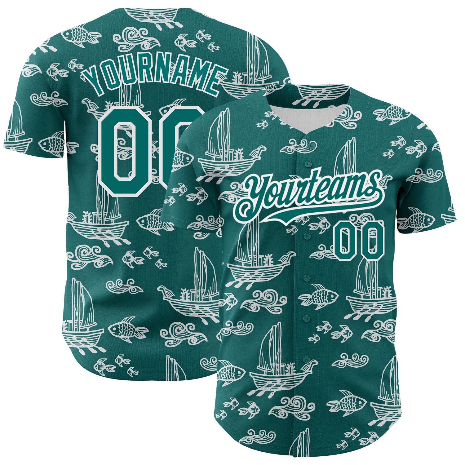 Custom Teal White 3D Pattern Design Boats And Fish Authentic Baseball Jersey - Main View