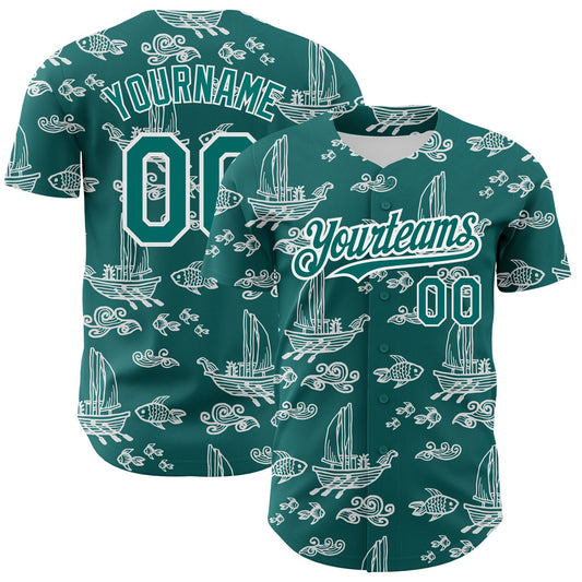 Custom Teal White 3D Pattern Design Boats And Fish Authentic Baseball Jersey - Main View