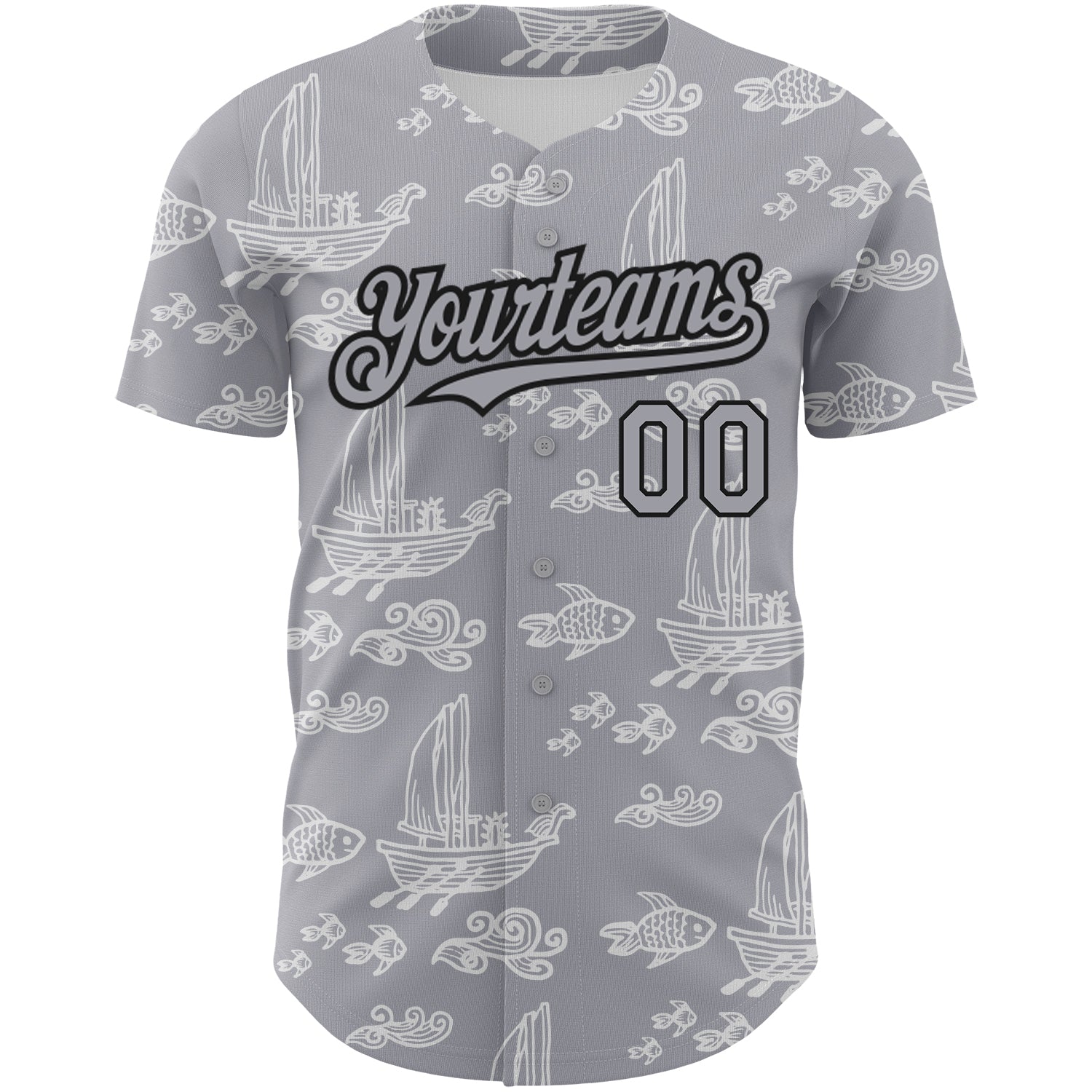 Custom Gray Black 3D Pattern Design Boats And Fish Authentic Baseball Jersey view 2