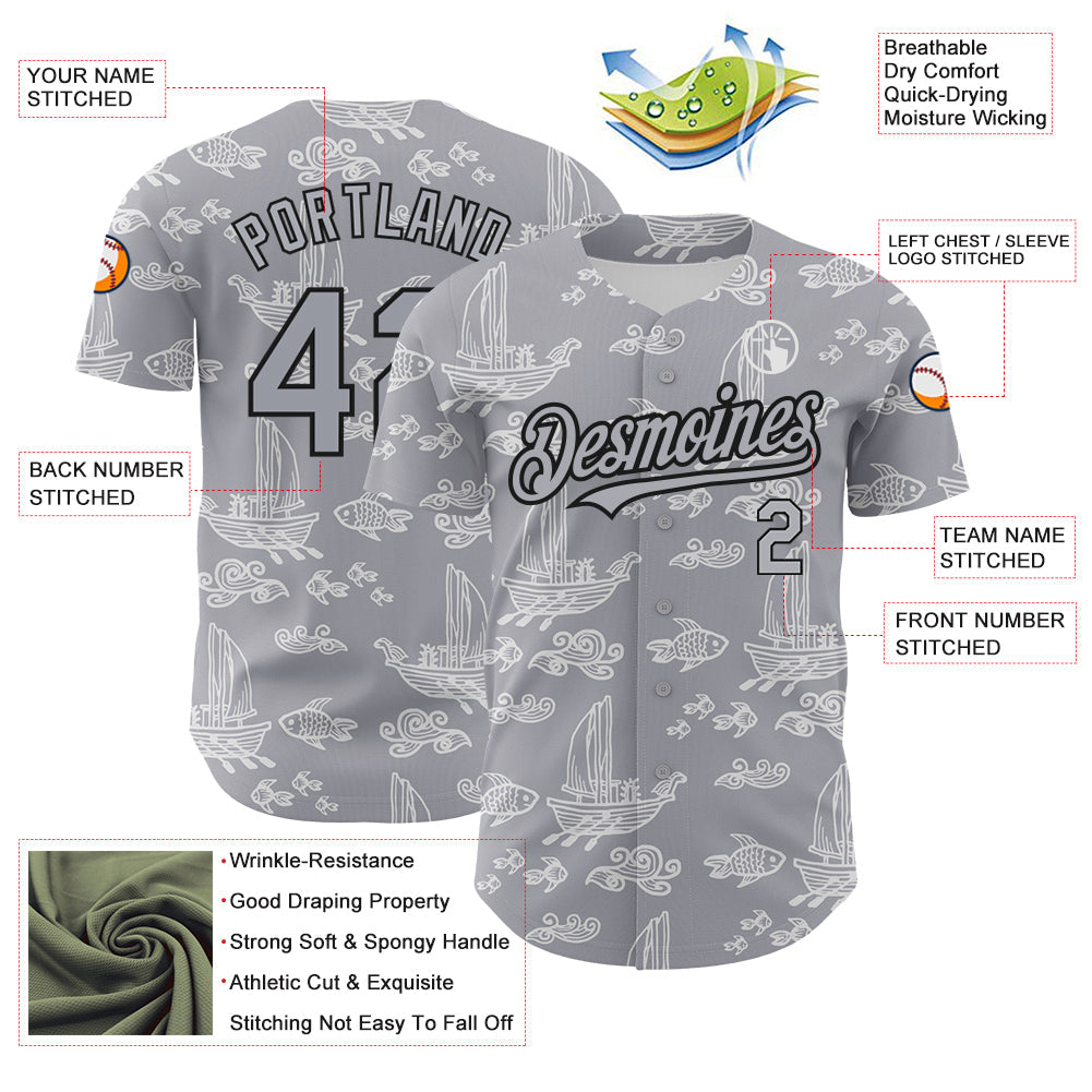 Custom Gray Black 3D Pattern Design Boats And Fish Authentic Baseball Jersey view 3