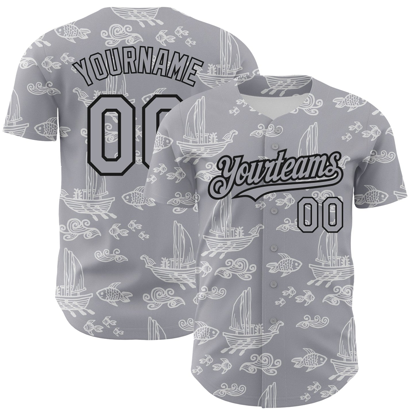 Custom Gray Black 3D Pattern Design Boats And Fish Authentic Baseball Jersey - Main View