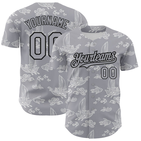 Custom Gray Black 3D Pattern Design Boats And Fish Authentic Baseball Jersey - Main View