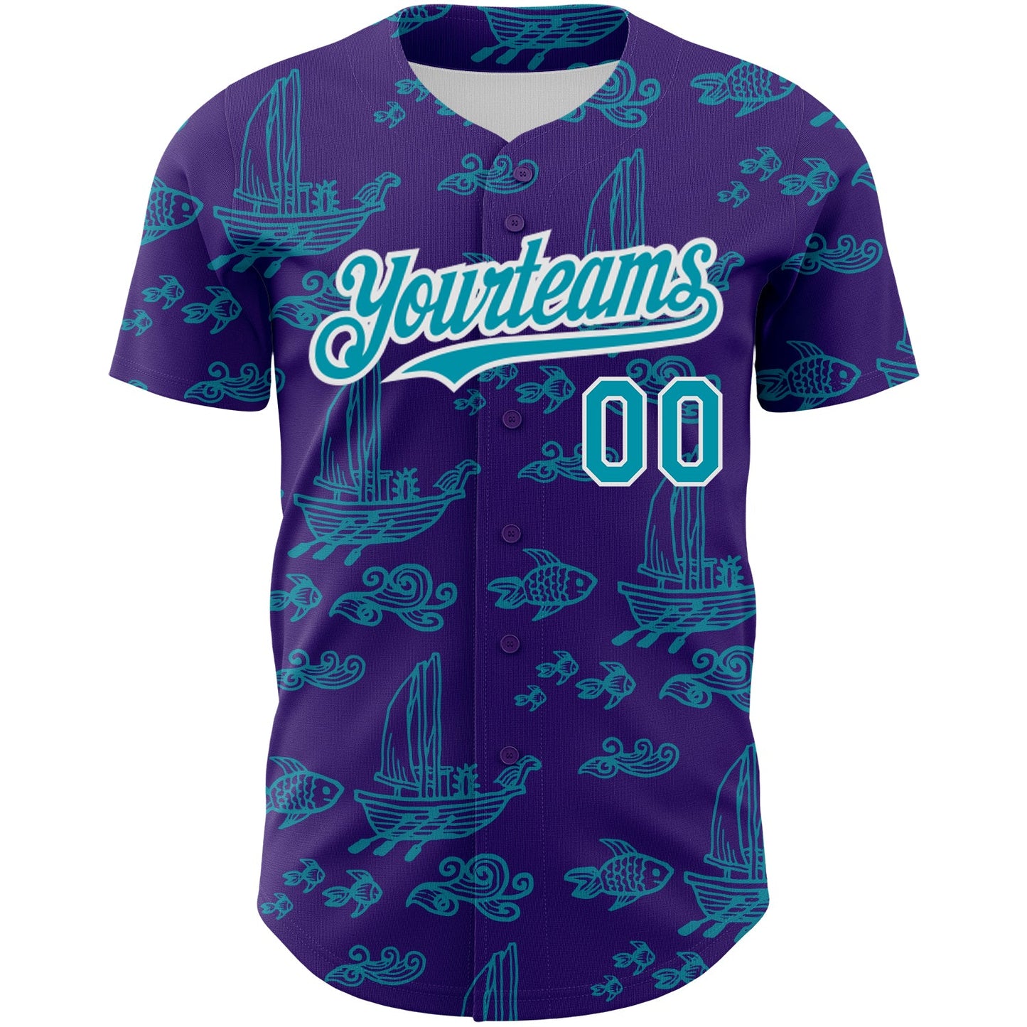 Custom Purple Teal-White 3D Pattern Design Boats And Fish Authentic Baseball Jersey view 2