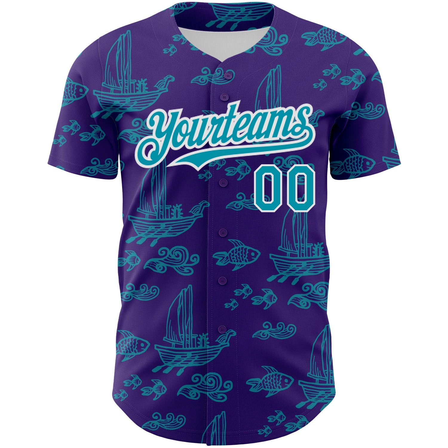 Custom Purple Teal-White 3D Pattern Design Boats And Fish Authentic Baseball Jersey view 2