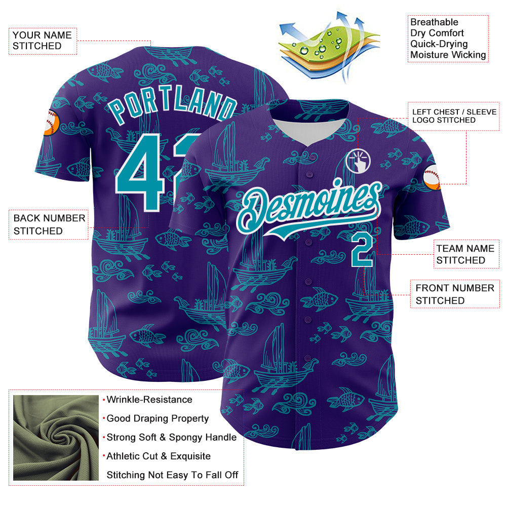 Custom Purple Teal-White 3D Pattern Design Boats And Fish Authentic Baseball Jersey view 3