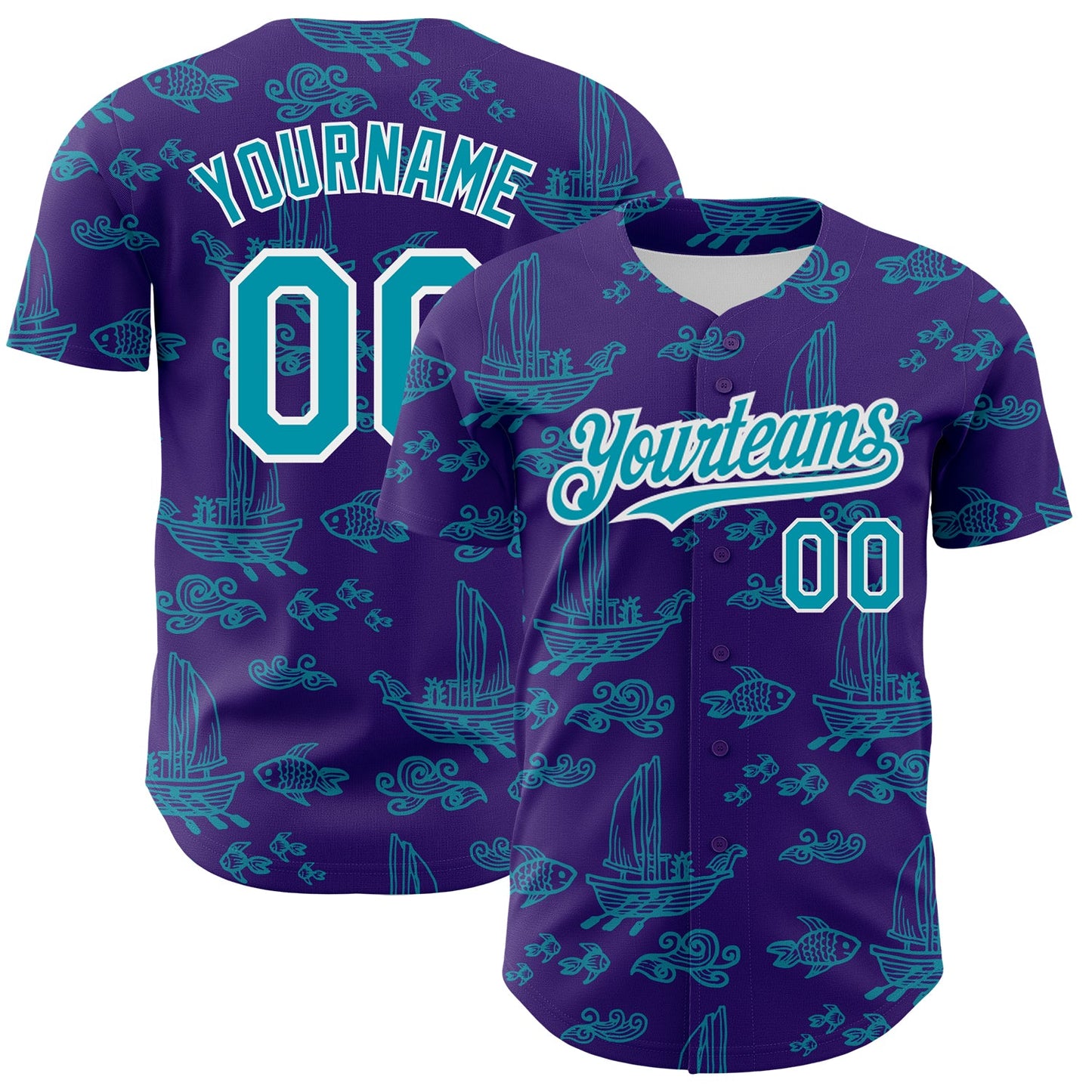 Custom Purple Teal-White 3D Pattern Design Boats And Fish Authentic Baseball Jersey - Main View