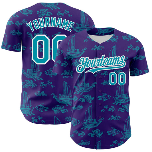 Custom Purple Teal-White 3D Pattern Design Boats And Fish Authentic Baseball Jersey - Main View