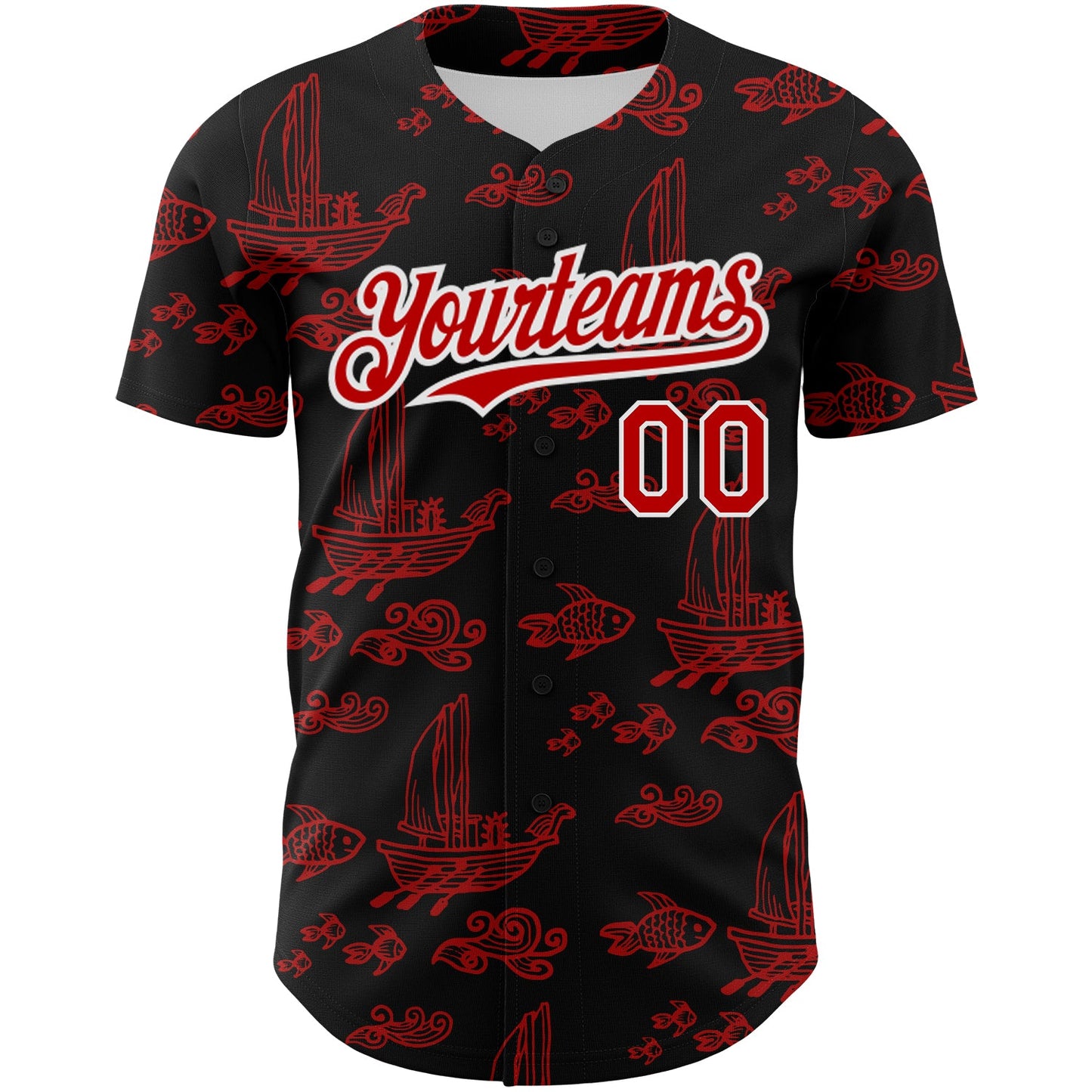 Custom Black Red-White 3D Pattern Design Boats And Fish Authentic Baseball Jersey view 2