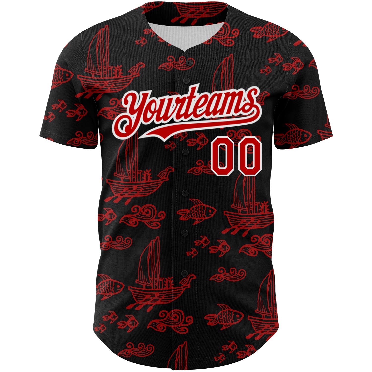 Custom Black Red-White 3D Pattern Design Boats And Fish Authentic Baseball Jersey view 2