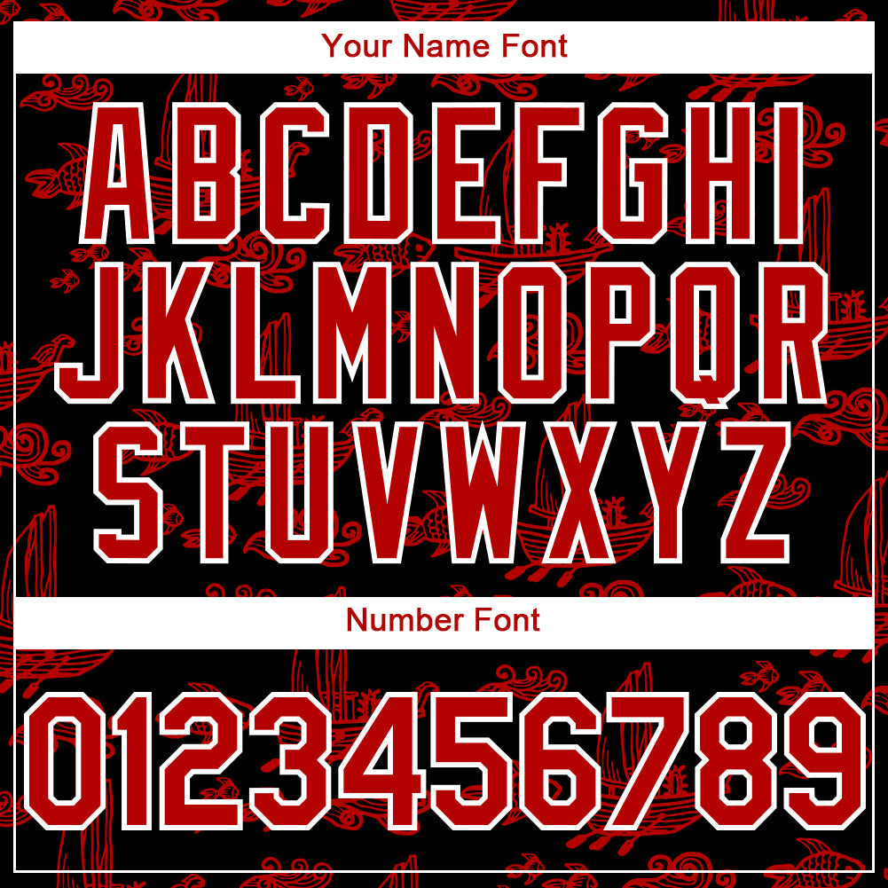 Custom Black Red-White 3D Pattern Design Boats And Fish Authentic Baseball Jersey view 5
