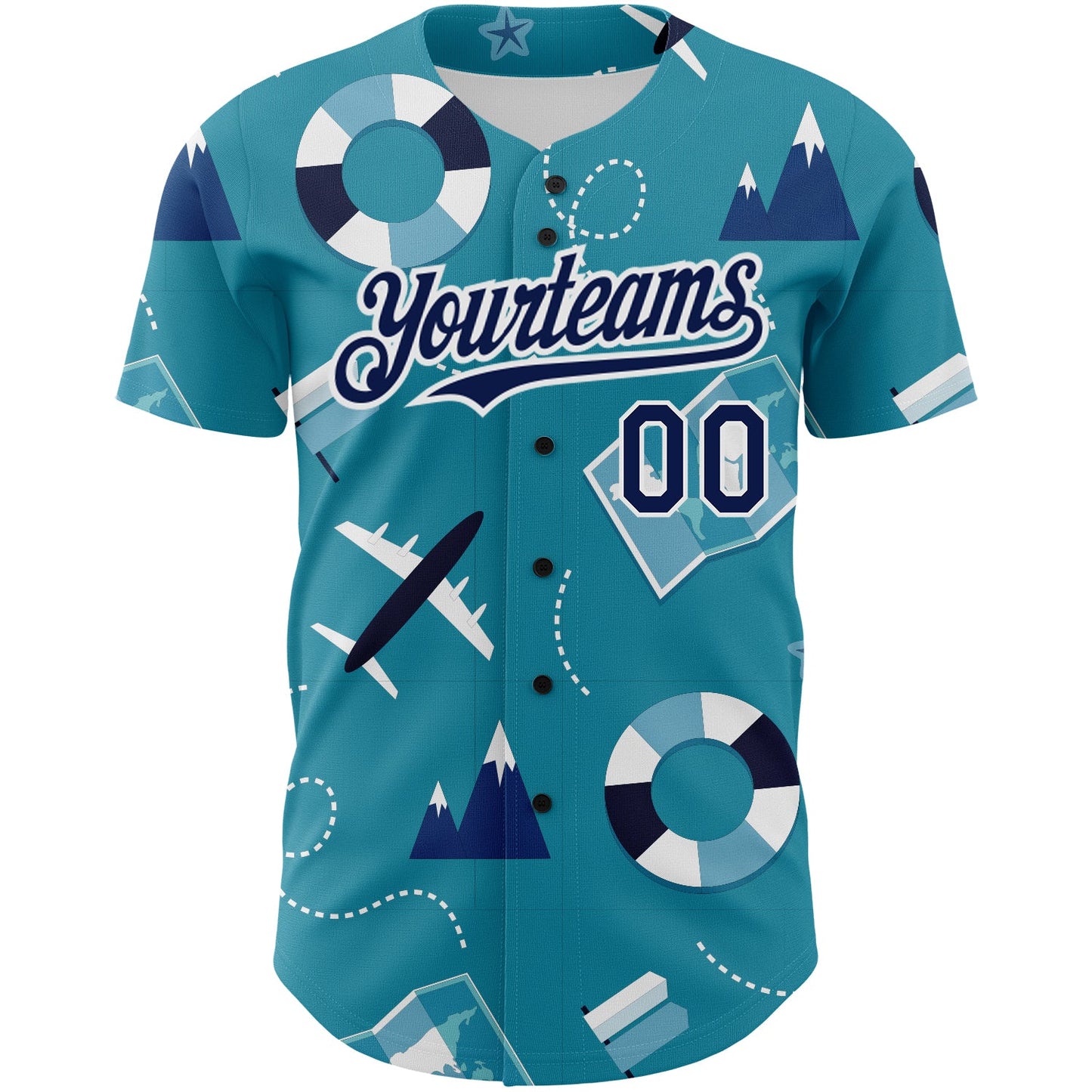 Custom Lakes Blue Navy-White 3D Pattern Design Holiday Travel Authentic Baseball Jersey view 2