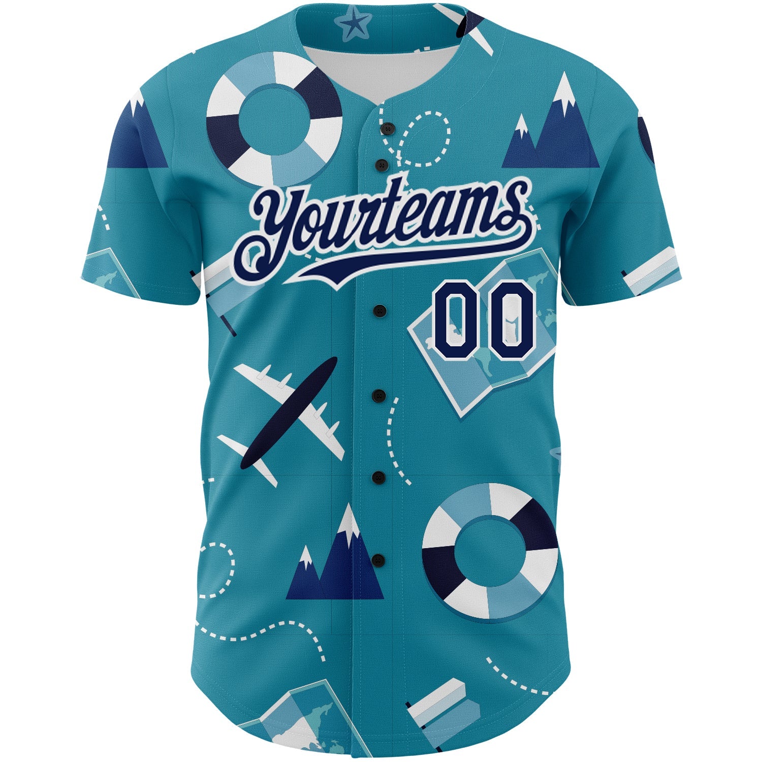 Custom Lakes Blue Navy-White 3D Pattern Design Holiday Travel Authentic Baseball Jersey view 2