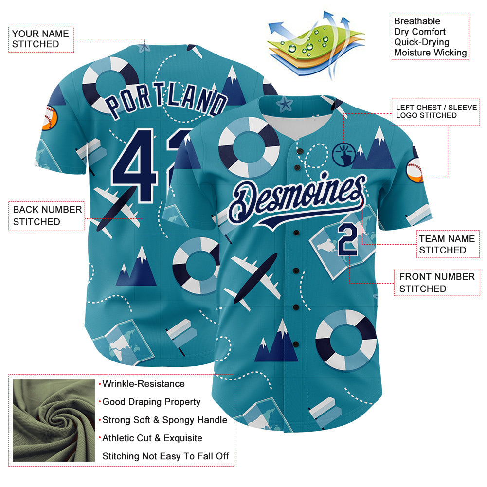 Custom Lakes Blue Navy-White 3D Pattern Design Holiday Travel Authentic Baseball Jersey view 3