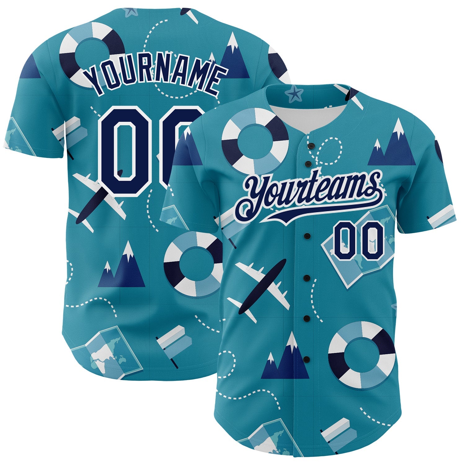 Custom Lakes Blue Navy-White 3D Pattern Design Holiday Travel Authentic Baseball Jersey - Main View