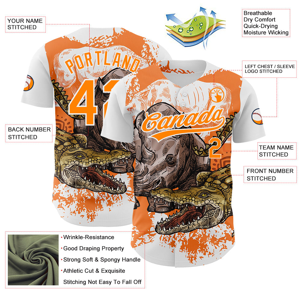 Custom White Bay Orange 3D Pattern Design Crocodile Authentic Baseball Jersey view 3