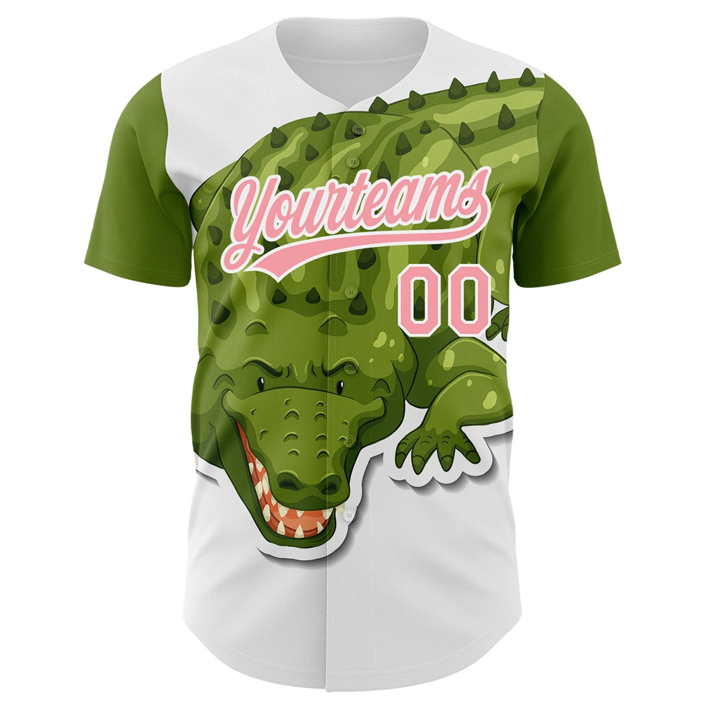 Custom White Medium Pink 3D Pattern Design Cartoon Crocodile Authentic Baseball Jersey view 2