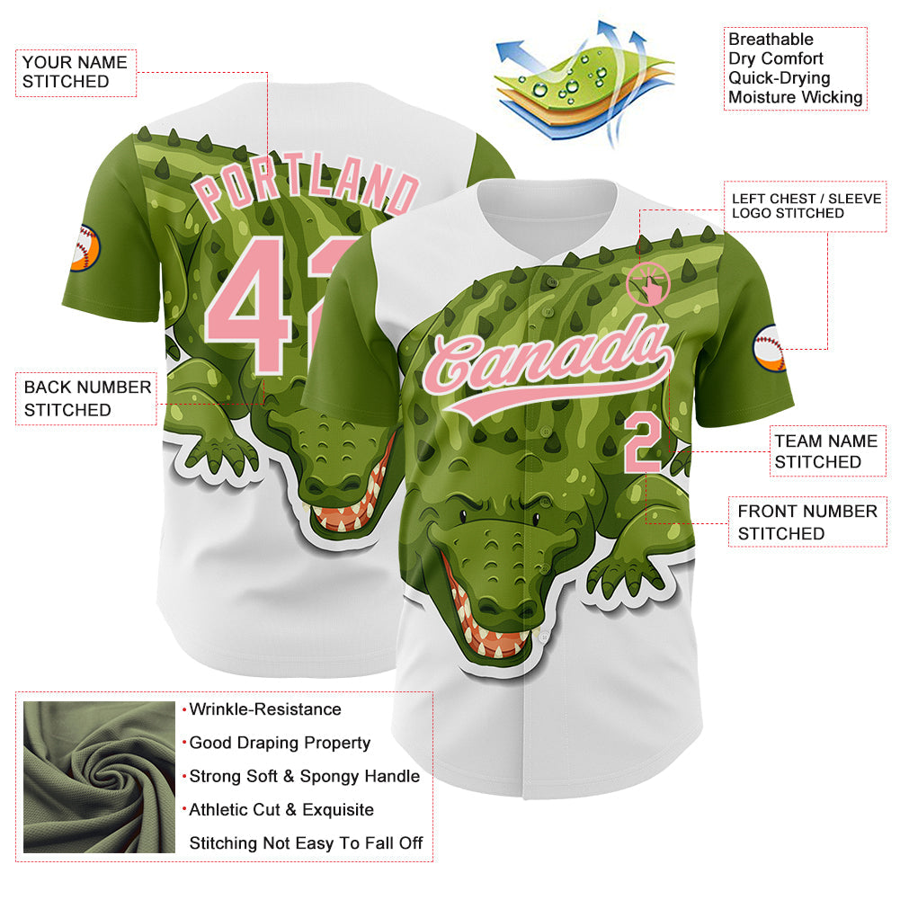 Custom White Medium Pink 3D Pattern Design Cartoon Crocodile Authentic Baseball Jersey view 3