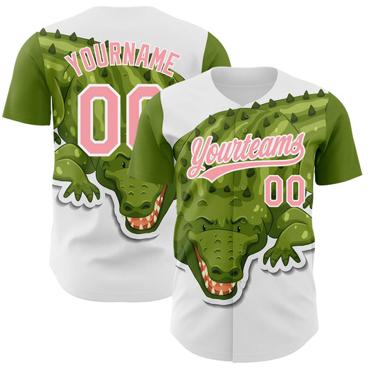 Custom White Medium Pink 3D Pattern Design Cartoon Crocodile Authentic Baseball Jersey - Main View