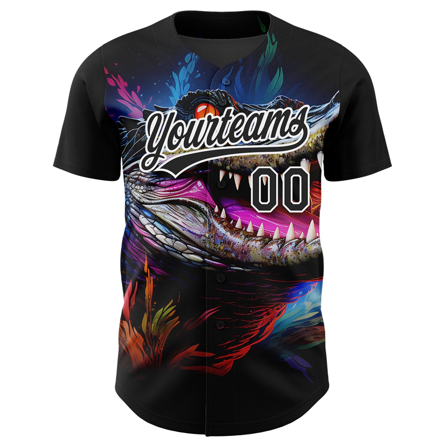Custom Black White 3D Pattern Design Neon Crocodile Authentic Baseball Jersey view 2