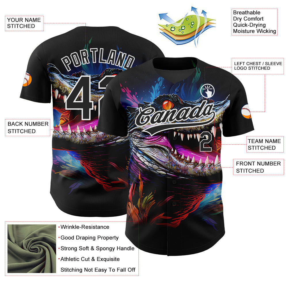 Custom Black White 3D Pattern Design Neon Crocodile Authentic Baseball Jersey view 3