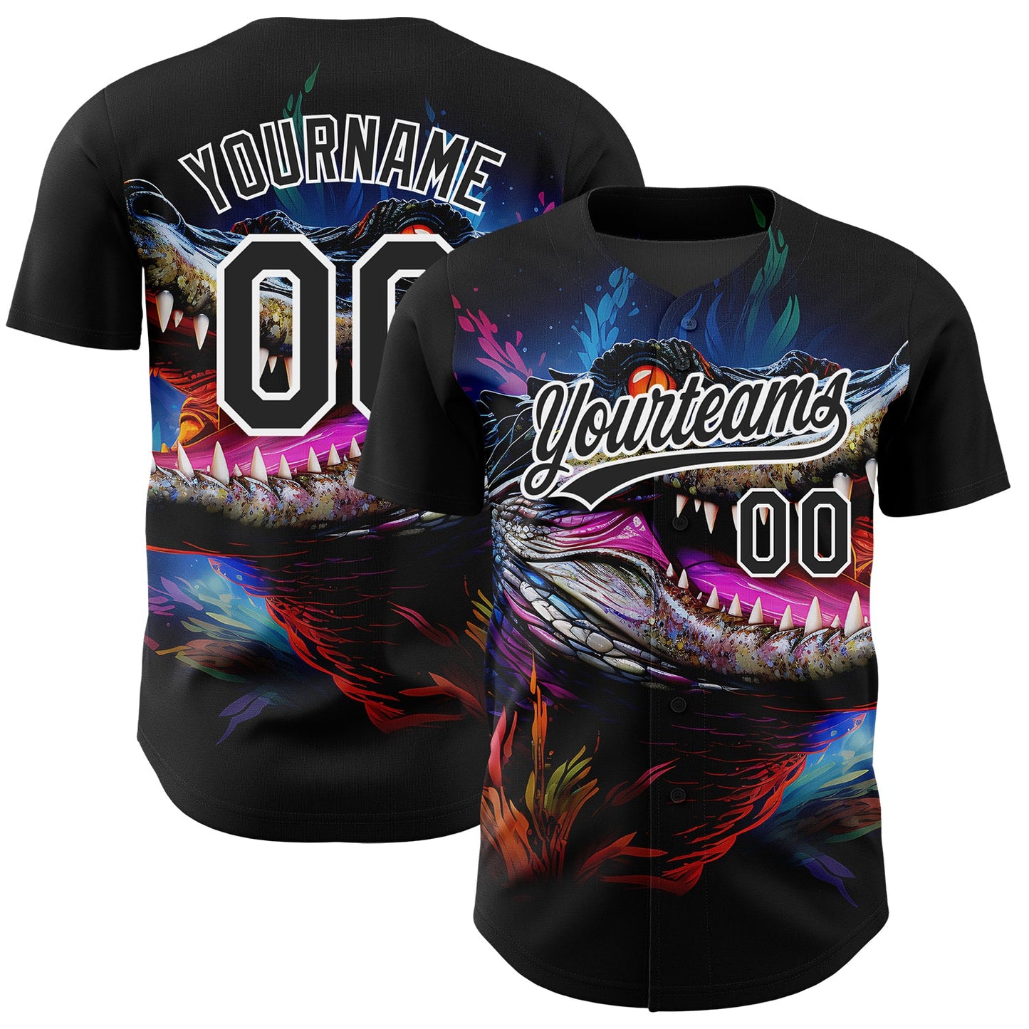 Custom Black White 3D Pattern Design Neon Crocodile Authentic Baseball Jersey - Main View