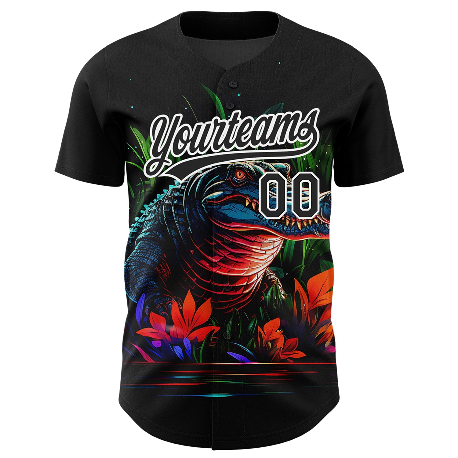 Custom Black White 3D Pattern Design Neon Crocodile Authentic Baseball Jersey view 2