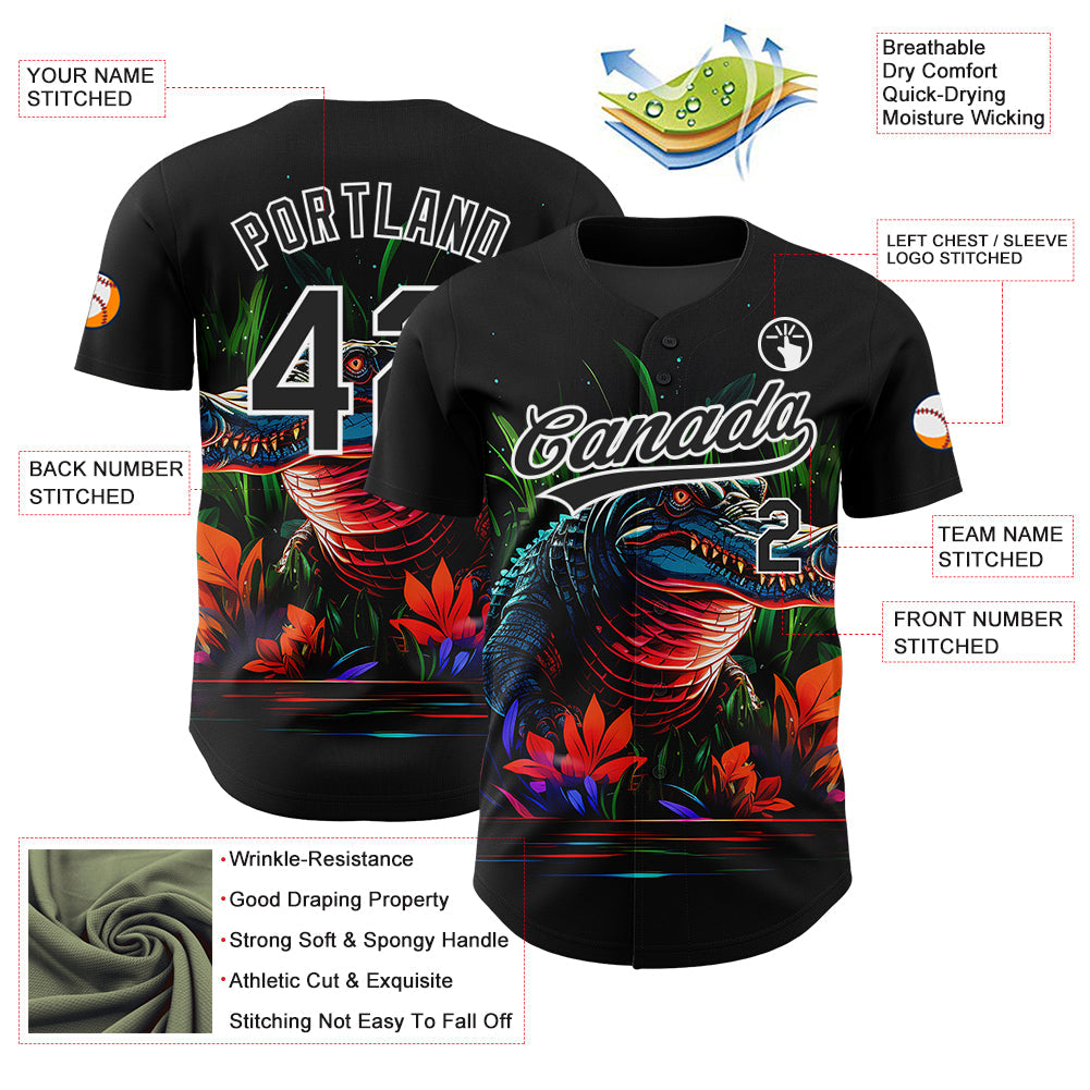 Custom Black White 3D Pattern Design Neon Crocodile Authentic Baseball Jersey view 3