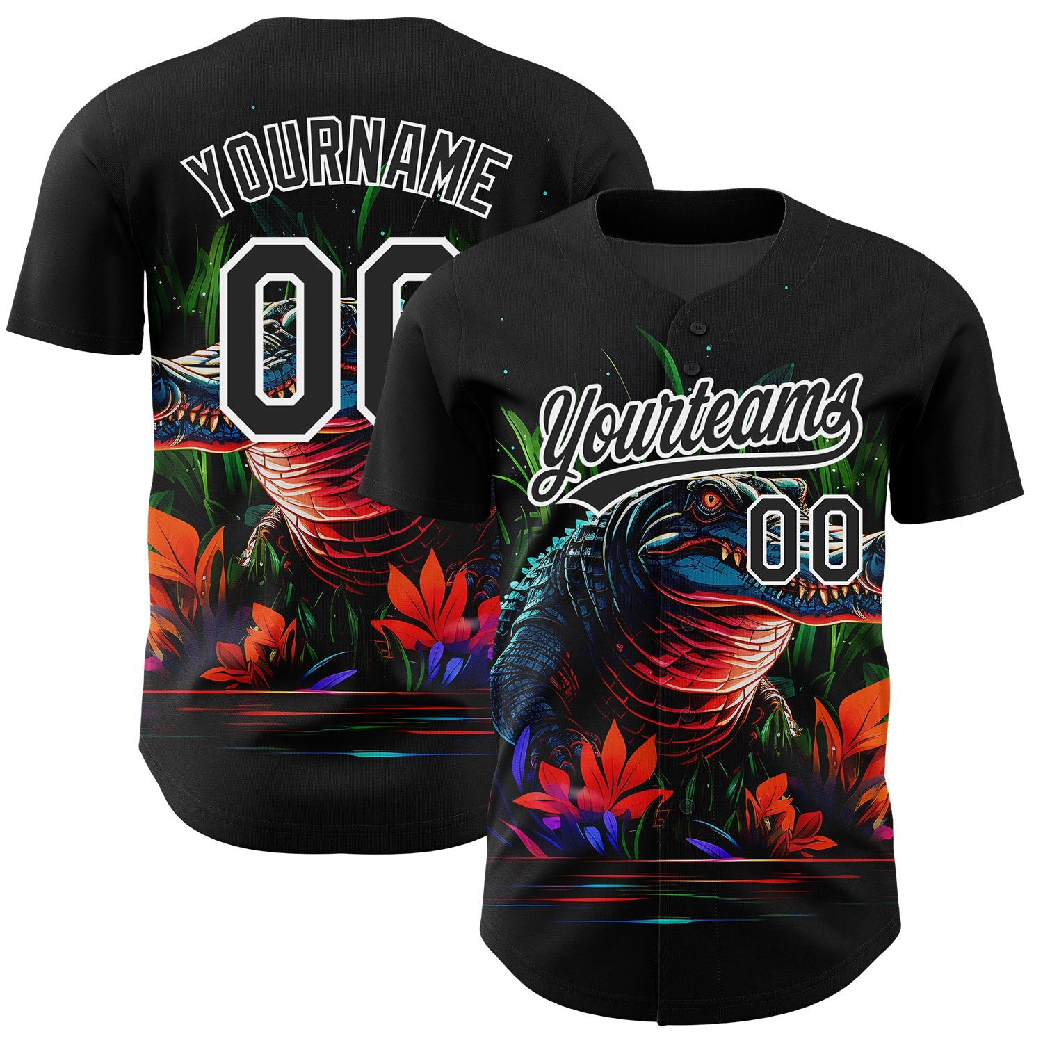 Custom Black White 3D Pattern Design Neon Crocodile Authentic Baseball Jersey - Main View