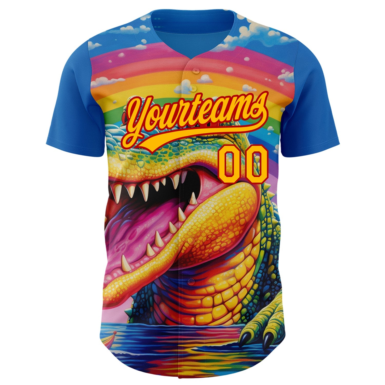 Custom Royal Gold-Red 3D Pattern Design Crocodile Authentic Baseball Jersey view 2