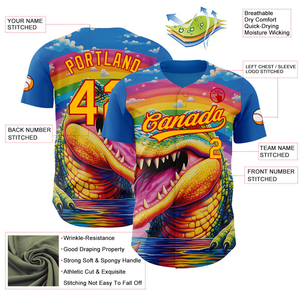 Custom Royal Gold-Red 3D Pattern Design Crocodile Authentic Baseball Jersey view 3