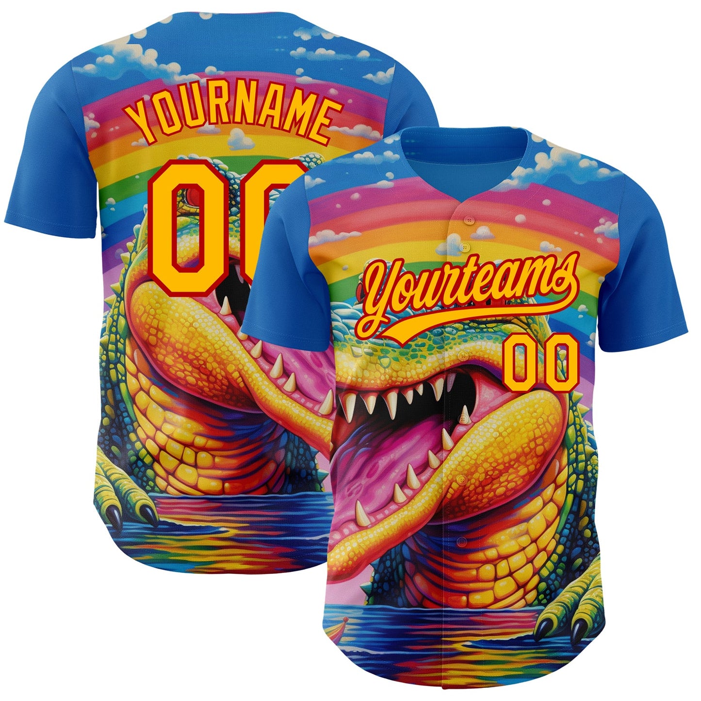 Custom Royal Gold-Red 3D Pattern Design Crocodile Authentic Baseball Jersey - Main View