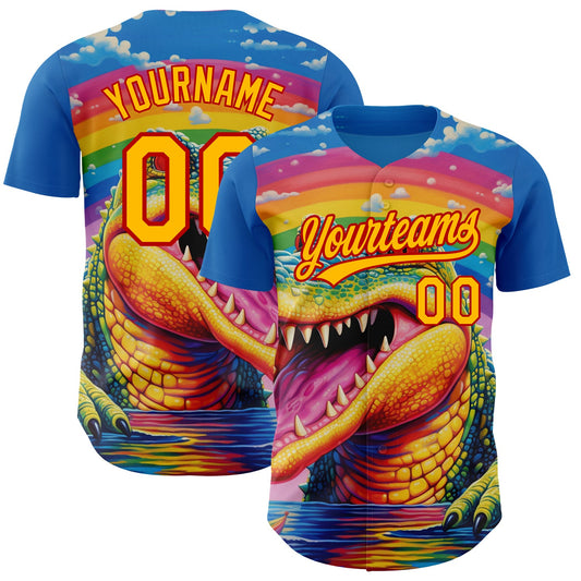 Custom Royal Gold-Red 3D Pattern Design Crocodile Authentic Baseball Jersey - Main View