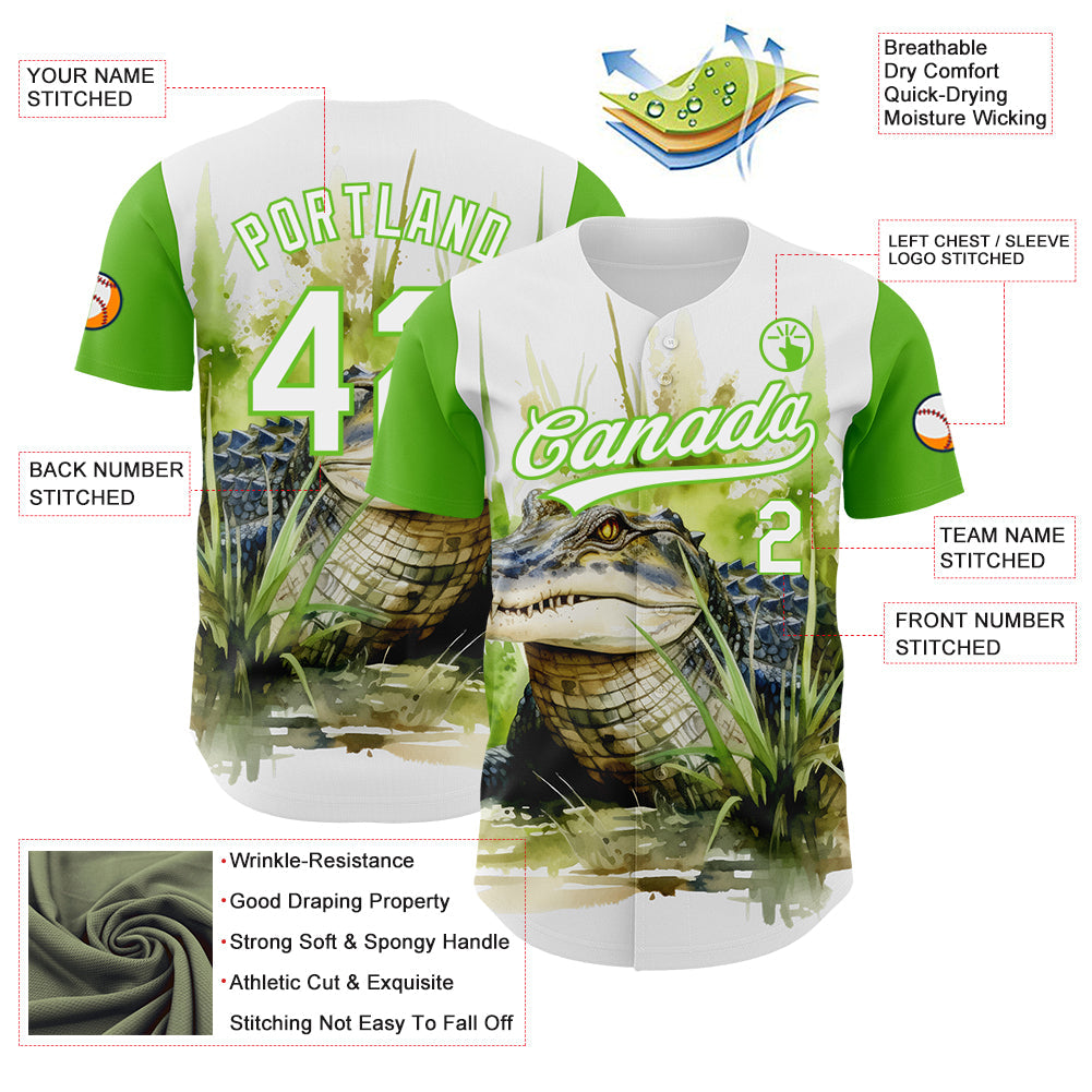Custom White Aurora Green 3D Pattern Design Crocodile Authentic Baseball Jersey view 3