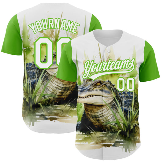 Custom White Aurora Green 3D Pattern Design Crocodile Authentic Baseball Jersey - Main View
