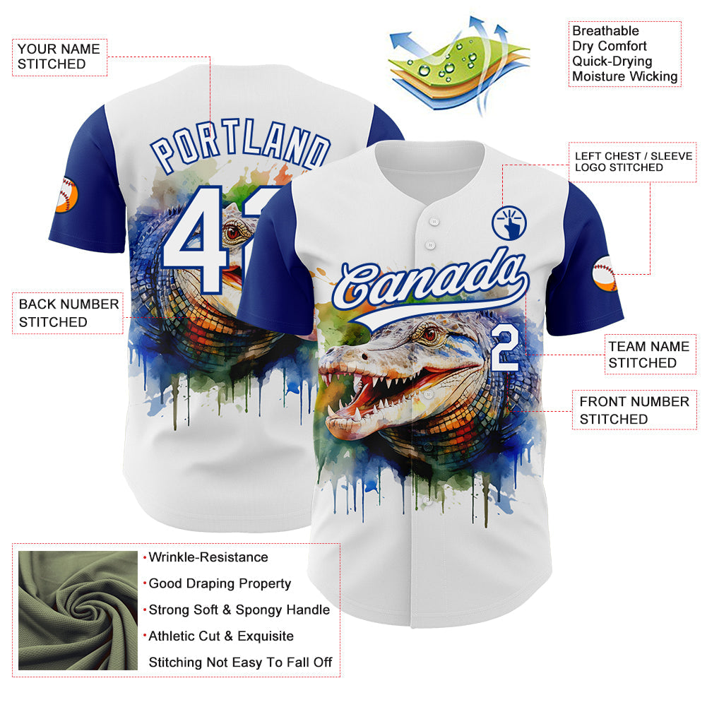 Custom White Royal 3D Pattern Design Crocodile Authentic Baseball Jersey view 3