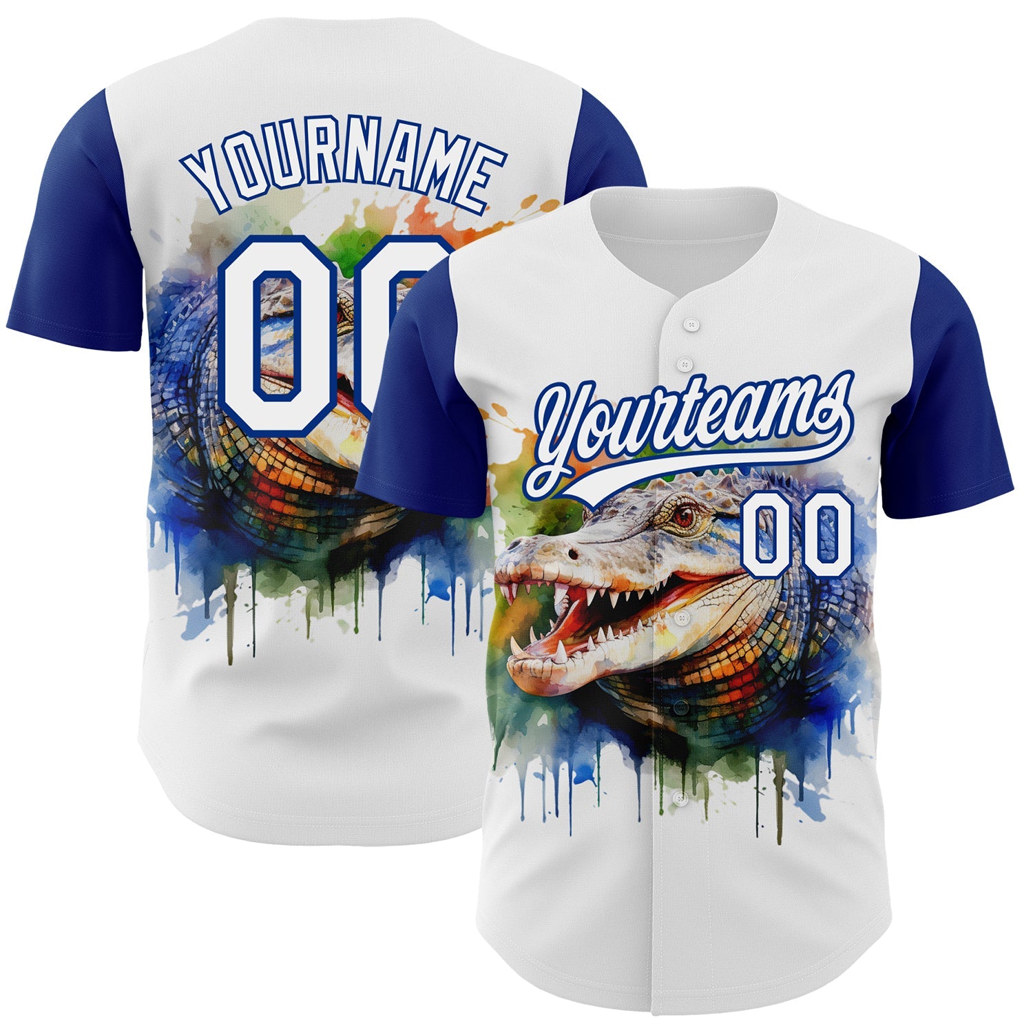 Custom White Royal 3D Pattern Design Crocodile Authentic Baseball Jersey - Main View