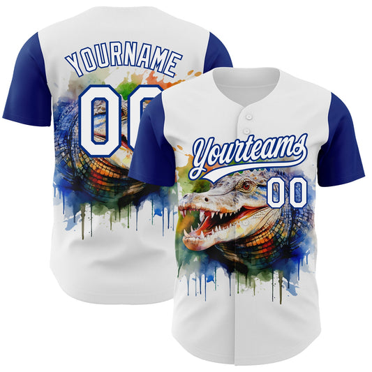 Custom White Royal 3D Pattern Design Crocodile Authentic Baseball Jersey - Main View
