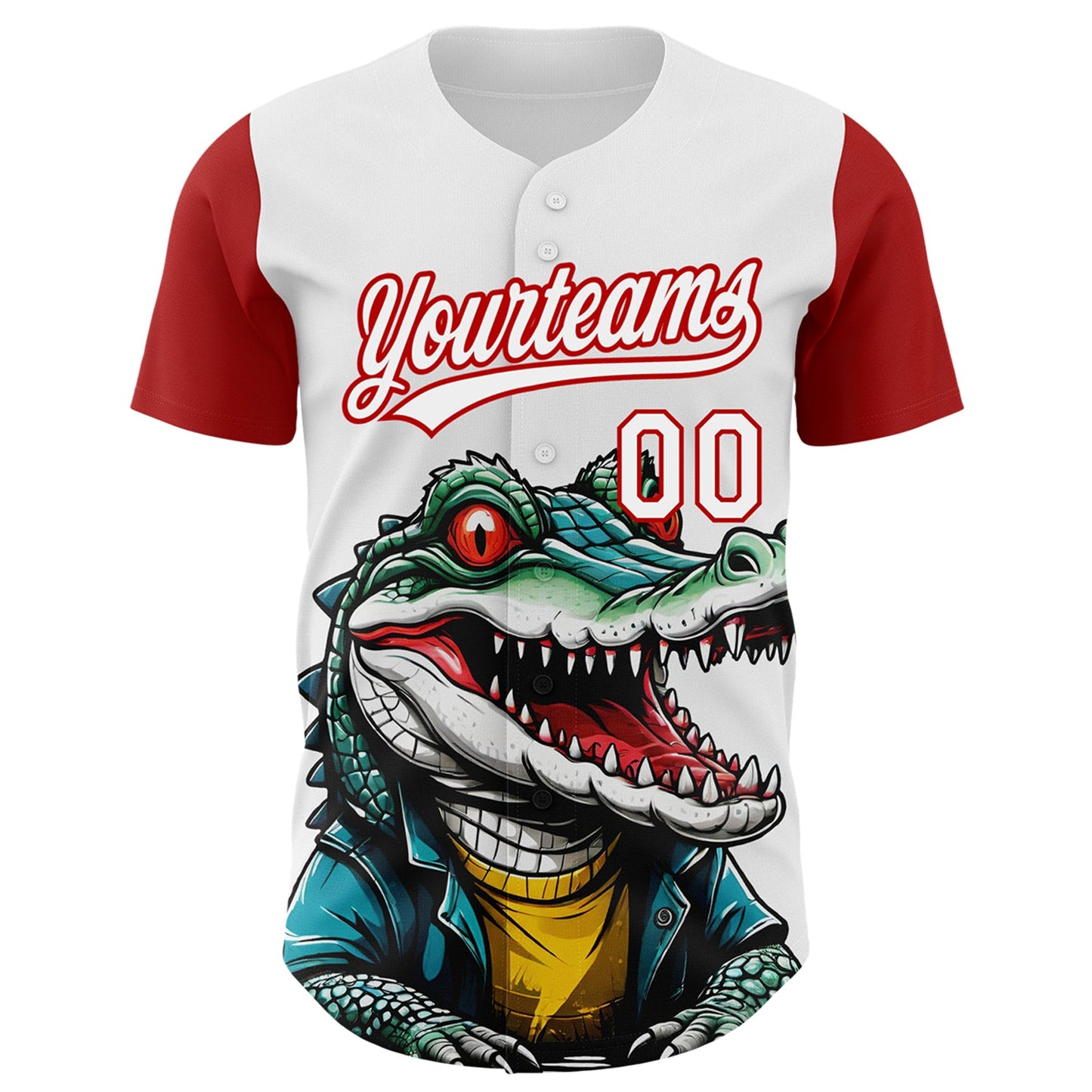 Custom White Red 3D Pattern Design Cartoon Crocodile Authentic Baseball Jersey view 2