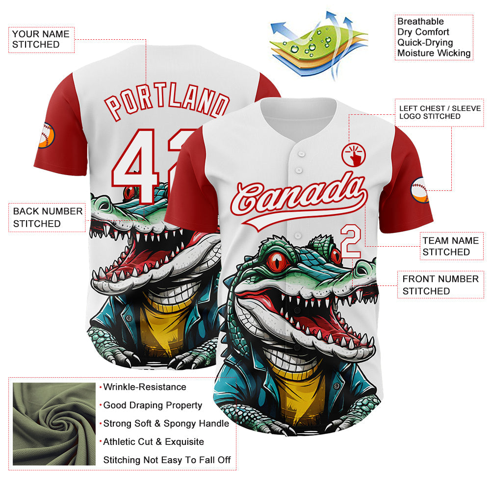 Custom White Red 3D Pattern Design Cartoon Crocodile Authentic Baseball Jersey view 3