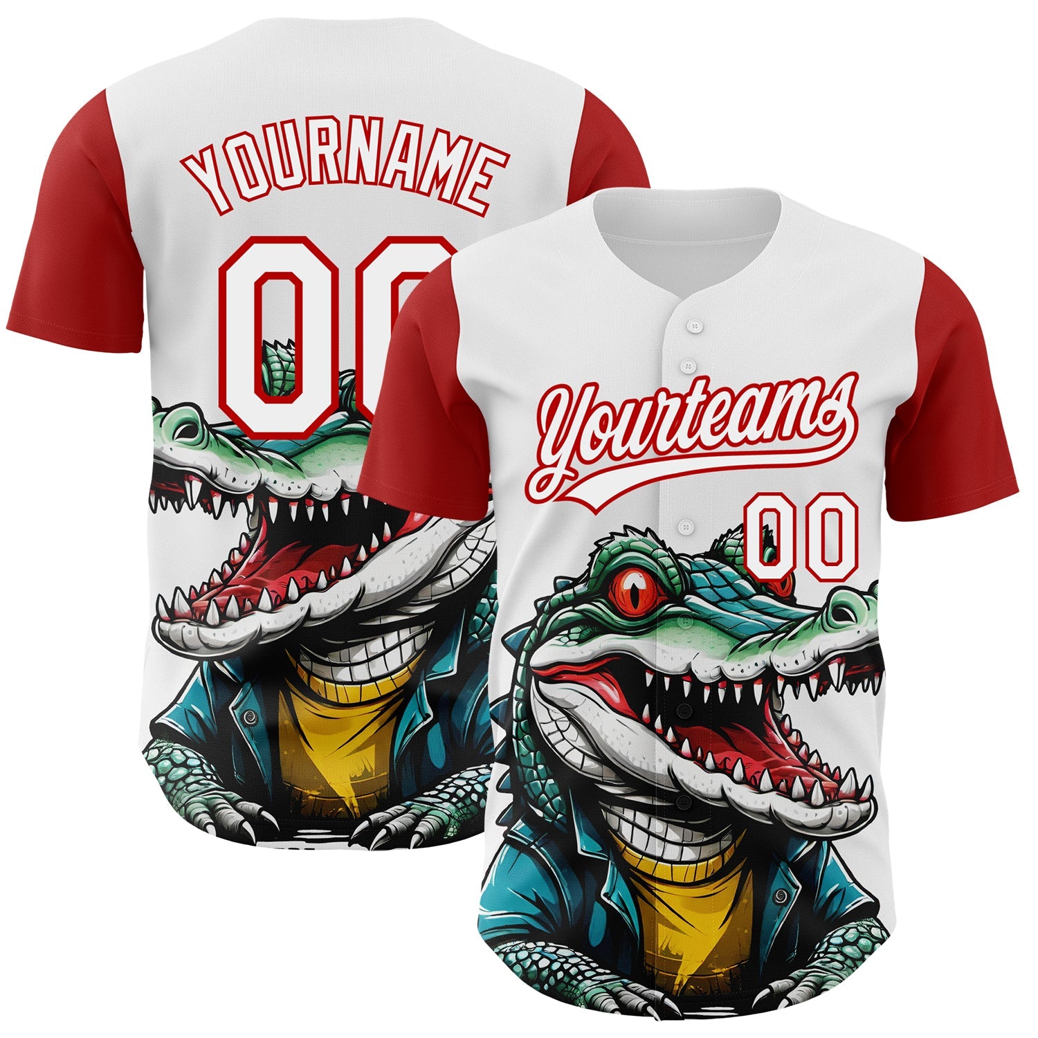 Custom White Red 3D Pattern Design Cartoon Crocodile Authentic Baseball Jersey - Main View