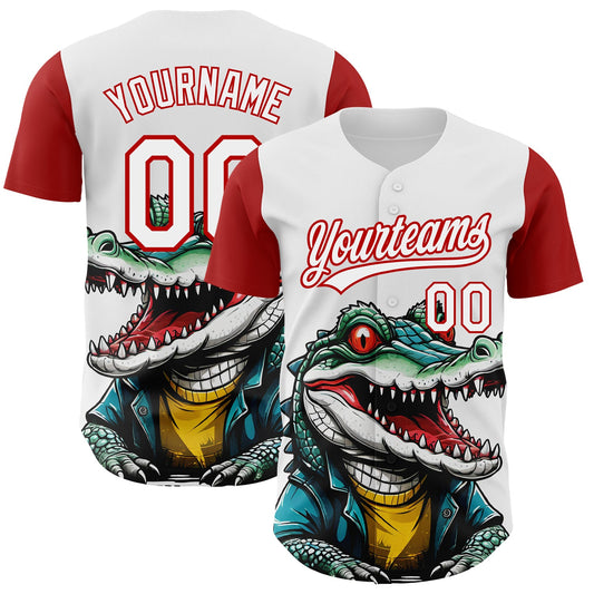 Custom White Red 3D Pattern Design Cartoon Crocodile Authentic Baseball Jersey - Main View