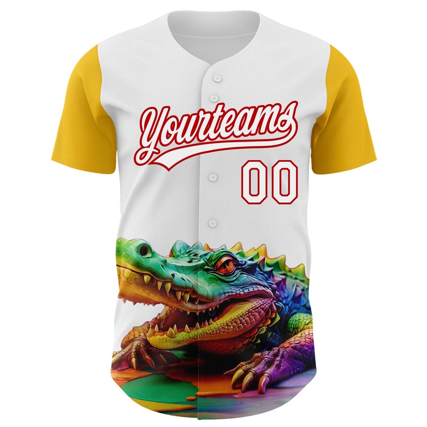 Custom White Red-Yellow 3D Pattern Design Colorful Crocodile Authentic Baseball Jersey view 2