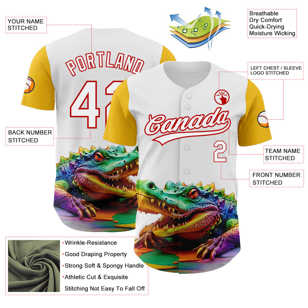 Custom White Red-Yellow 3D Pattern Design Colorful Crocodile Authentic Baseball Jersey view 3