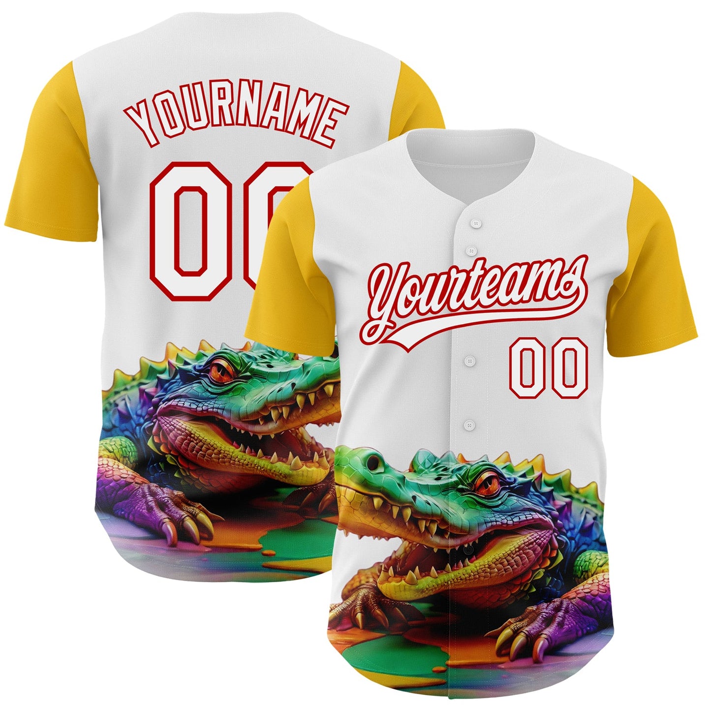 Custom White Red-Yellow 3D Pattern Design Colorful Crocodile Authentic Baseball Jersey - Main View