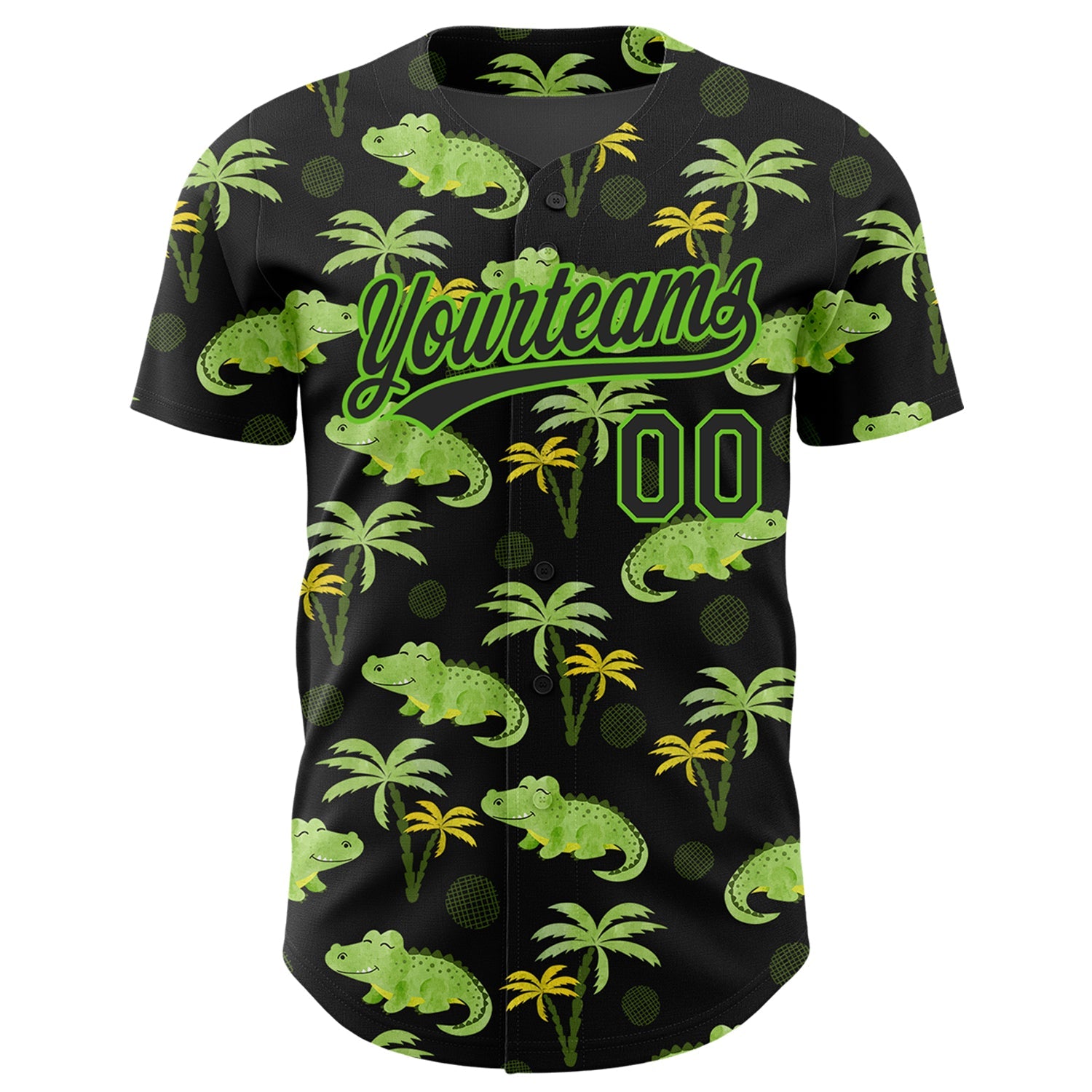 Custom Black Aurora Green 3D Pattern Design Crocodile And Tropical Hawaii Palm Trees Authentic Baseball Jersey view 2